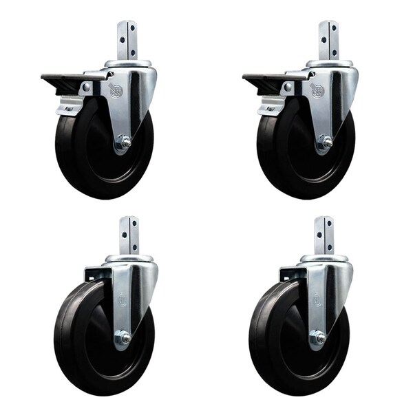 5'' Hard Rubber Wheel Swivel 3/4'' Square Stem Caster Set 2 Brakes, 4PK